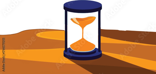 Vibrant hourglass stands against a desert landscape, symbolizing time management, deadlines, and urgency in a visually striking, modern design