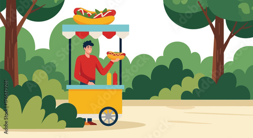 Enjoying delicious hot dogs from a vibrant food cart in the park on a beautiful day perfect for summer picnics and outdoor fun with friends
