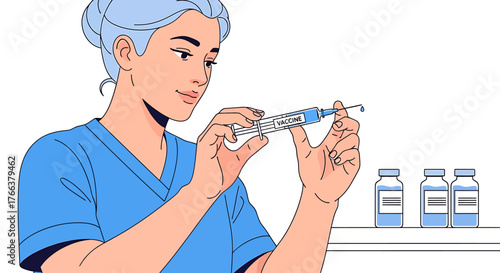 Female nurse in blue scrubs preparing a vaccine injection.