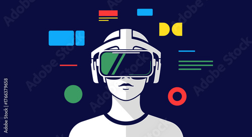 Futuristic Virtual Reality Headset User Experiencing Digital World.