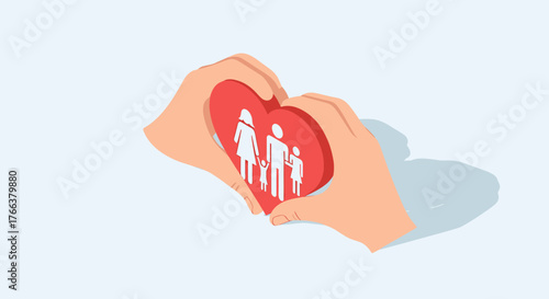 Hands forming a heart shape around a family silhouette symbolizing love and protection.