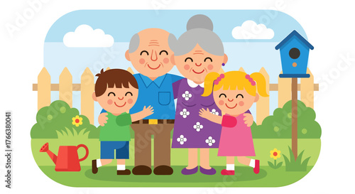 Happy Grandparents With Grandchildren Enjoying A Sunny Day In The Garden.