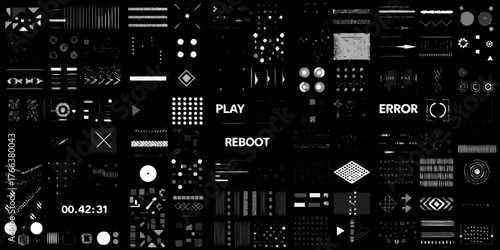 Collection of futuristic hud elements and digital interface graphics with play reboot and error icons