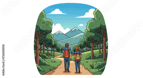 Hikers on a Forest Trail with Mountain View and Blue Sky.
