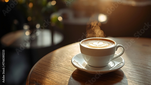 Steaming Coffee Cup on Wooden Table, Warm Morning Light