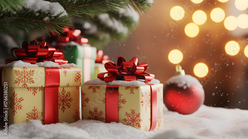 Festive christmas presents with red ribbons under a snowy christmas tree with bokeh lights behind