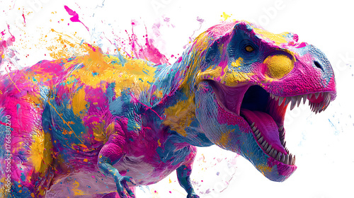 Brightly painted Tyrannosaurus rex, bursts with neon splashes on a white background with neon paint