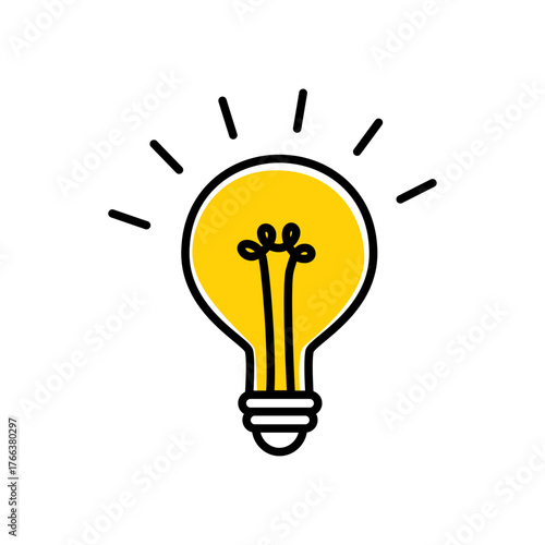 Hand drawn doodle light bulb with shining rays in cartoon flat style, vector illustration symbolizing creativity, innovation and inspiration for design projects.