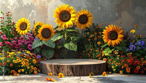 Wooden podium with sunflowers and floral arrangement.
