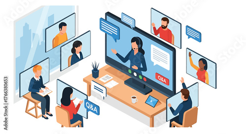 Online video conference with diverse participants in a virtual meeting.