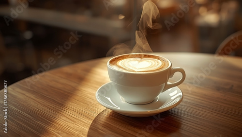 Steaming hot coffee with delicate heart latte art, served in a white cup on a wooden table, symbolizing warmth and comfort
