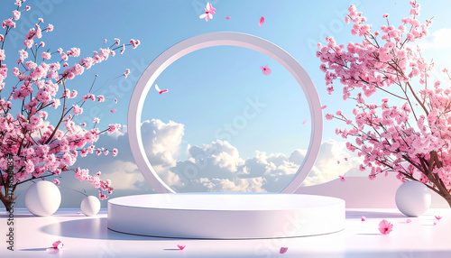 Elegant Springtime Blossom Display with Podium and Blossoms.