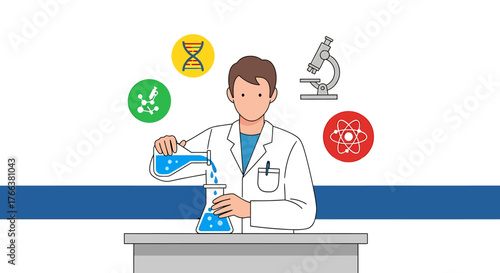 Scientist in lab coat pouring liquid in a laboratory experiment.
