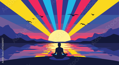 Serene Meditation at Sunset with Vibrant Sky and Mountain Landscape.