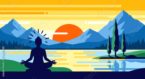 Serene Meditation Silhouette Tranquil Sunset Mountain Landscape.