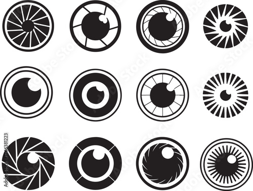 Collection of Camera Lens Aperture Icons in Black and White Vector Format Representing Photography and Visual Media