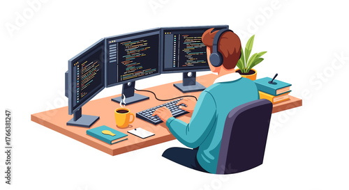 Software Developer Working on Multiple Monitors Illustration.