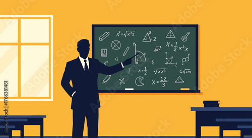 Teacher in Classroom Explaining Math Equations on Blackboard.