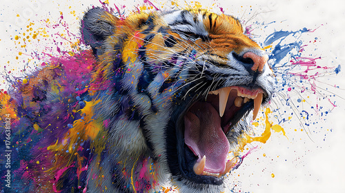 Snarling tiger head erupts with vibrant paint splashes across a white background, wild and vivid.!!