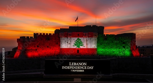 Lebanon Independence Day: Illuminated Crusader Castle at Sunset with National Flag Colors