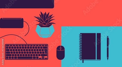 Workspace essentials keyboard mouse notebook pen plant and desk setup.