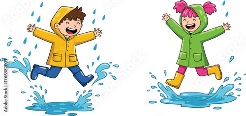 Children Jumping in Rain Puddles, Cartoon Playful Scene, Yellow and Green Raincoats, Water Splash Fun, Pink Hair, Wet Weather Joy