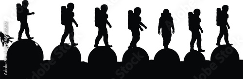 Astronaut silhouettes walking across planets, space exploration illustration, cosmic journey design for science, discovery, adventure, and futuristic concept art