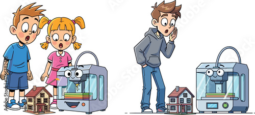 Children Observing 3D Printers, Cartoon Technology Scene, Miniature House Models, Smiling Machines, Curiosity and Amazement, STEM Learning, Innovation and Architecture
