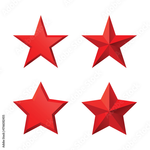 Set of red Christmas 3d three-dimensional Star glossy bright shine five angle star shape isolated on white Background collection. Icon for holiday design element.