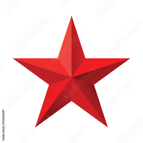 Red Christmas 3d Star glossy bright shine five angle star shape isolated on white Background. Icon for holiday design element.