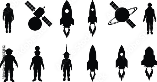 Astronaut silhouettes, rocket launch, space exploration, satellite design, human figure, cosmic travel, futuristic space art, black vector, galaxy illustration, science graphic