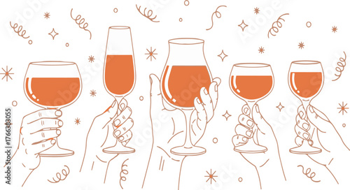 Cheers toast celebration illustration with hands holding different alcohol glasses vector line art
