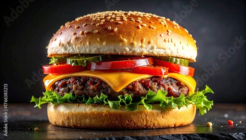 Juicy Burger with Toasted Sesame Seed Bun on Dark Background