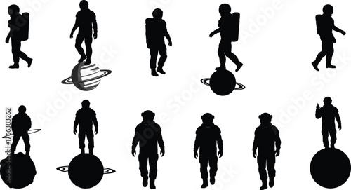 Astronaut silhouettes, space exploration, planetary rings, cosmic adventure, human presence, celestial bodies, futuristic design, galaxy theme, science illustration, outer space art