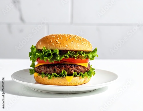 Juicy Cheeseburger on Sesame Seed Bun with Lettuce and Tomato