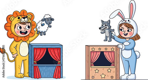 Children Performing Puppet Show in Animal Costumes, Cartoon Theater Scene, Lion and Bunny Outfits, Sheep and Wolf Puppets, Creativity, Storytelling
