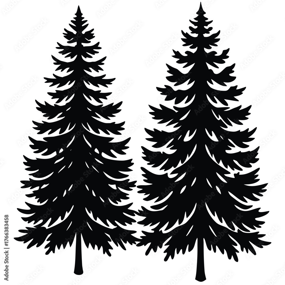 Obraz premium Black silhouette of a pine tree with detailed branches. Perfect for outdoor branding, winter themes, camping graphics, hiking designs, eco logos, minimalist landscapes, and Christmas decorations.