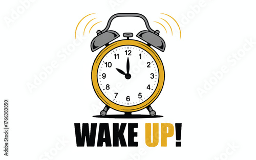 Ringing alarm clock with the words WAKEUP in bold letters time morning