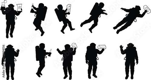 Astronauts performing science experiments in space silhouette, zero gravity laboratory research, cosmic exploration vector illustration, astronaut scientist working outer space.