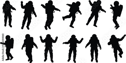 Astronauts floating in space silhouette, zero gravity motion illustration, space exploration concept, outer space suit design, cosmic adventure vector art.