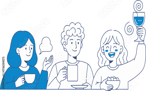 Group of diverse friends socializing and talking over drinks vector illustration on white background