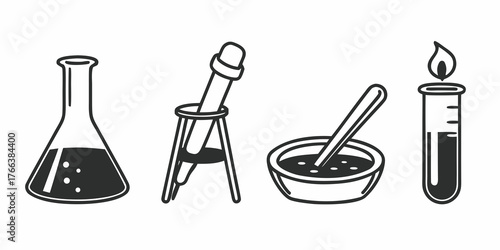 Illustration of laboratory equipment including flask pipette dish and test tube with flame icon art