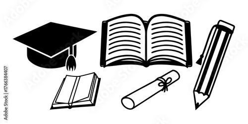 Illustration of graduation cap, open books, diploma, and pencil for academic achievement theme