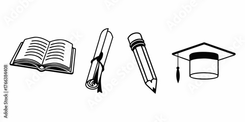A simple black and white line art illustration of education related objects on a white background