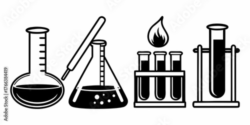 Illustration of laboratory glassware including beakers flasks and test tubes in black and white style