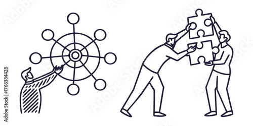 People collaborating on network and puzzle pieces showing teamwork and problem solving concept art