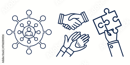 Line art icons depicting networking handshake applause and puzzle piece connection on a white background
