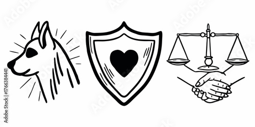 Illustration of a dog head, a heart shield, and scales over a handshake in black and white outline