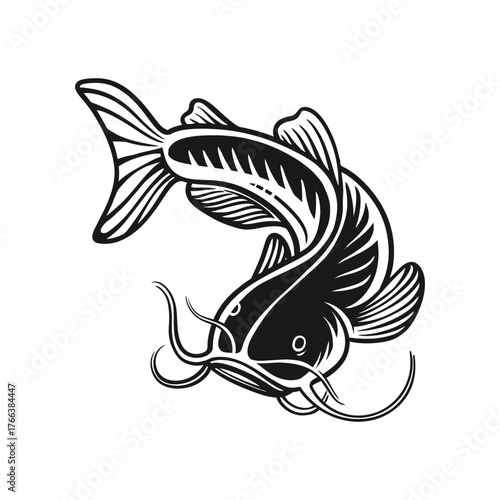 Catfish silhouette engraving vector hand drawn