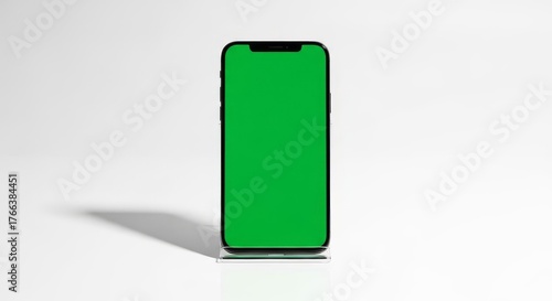 Sleek modern smartphone with vibrant green screen ready for app demo or mobile interface showcase on clean white background ideal for tech designs